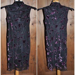 Evan-Picone Sheer Black Mandarin Collar Purple Flowered Sheath Knee Length Dress